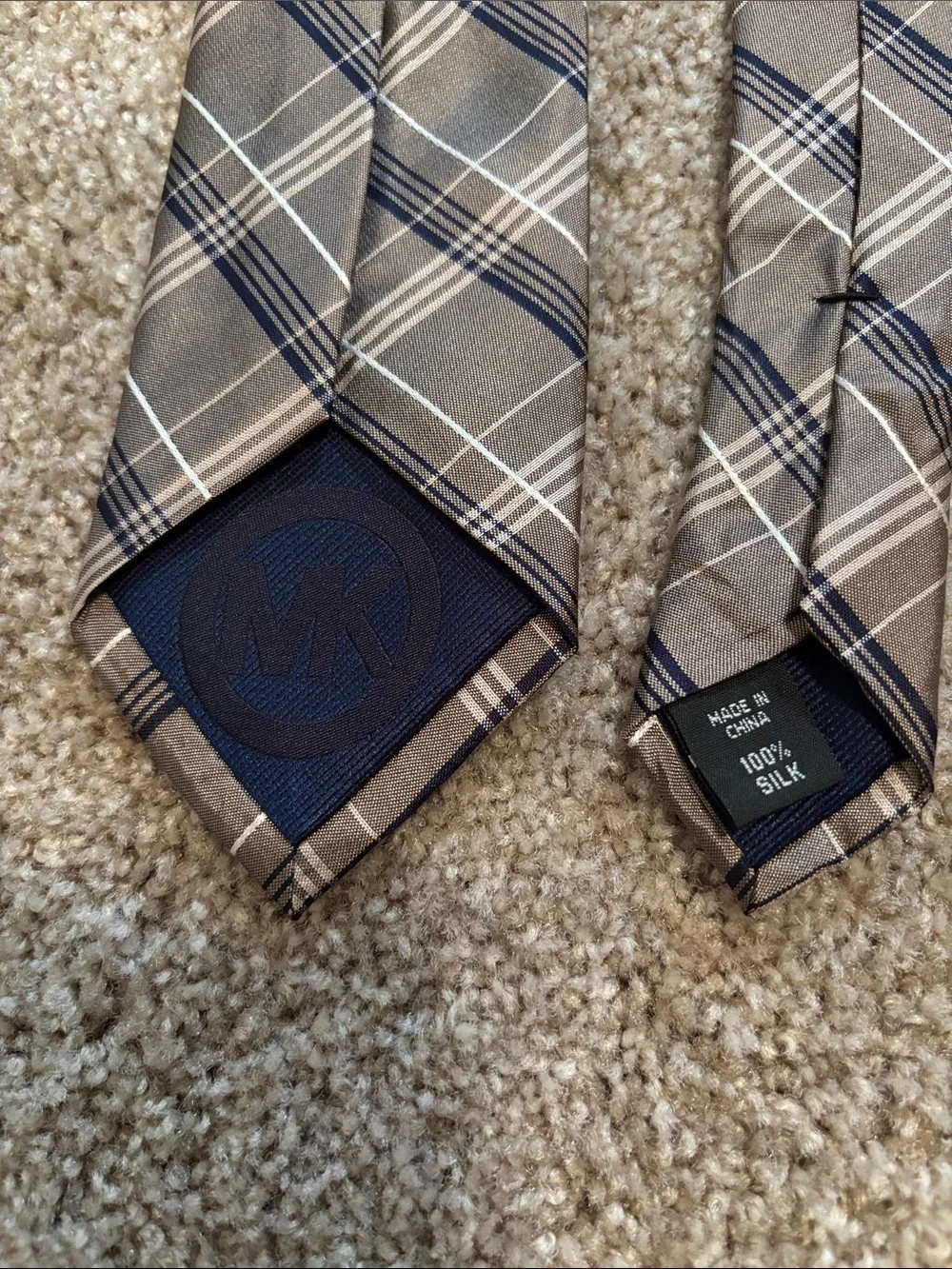 Michael Kors Brown Plaid Silk Tie with Navy and Cream Stripes